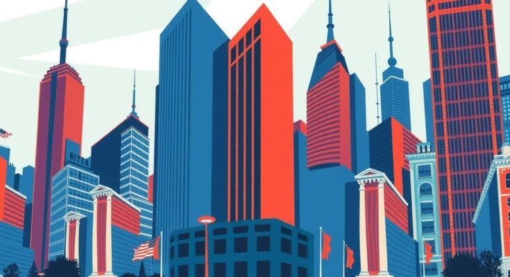 A vibrant cityscape representing political dynamics, featuring abstract buildings in bold colours and artistic style.