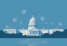 Rappresentazione stilizzata del panorama di Washington, con il Campidoglio e simboli di governo, toni blu e grigi.