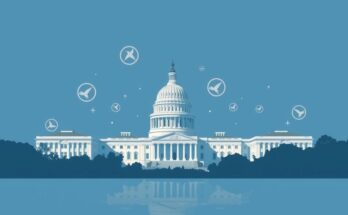 Rappresentazione stilizzata del panorama di Washington, con il Campidoglio e simboli di governo, toni blu e grigi.