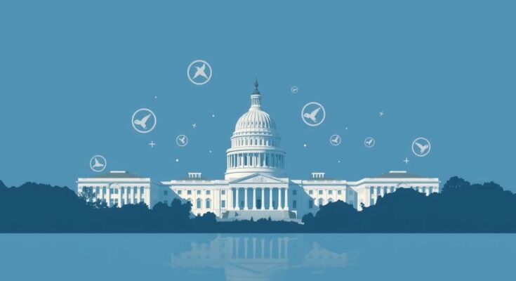 Rappresentazione stilizzata del panorama di Washington, con il Campidoglio e simboli di governo, toni blu e grigi.