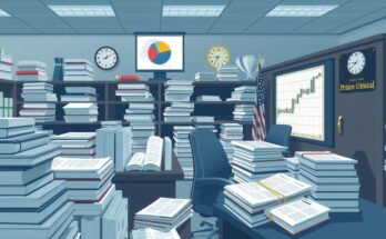 Diagram showing a busy government office with documents and charts, representing political activity and reforms.