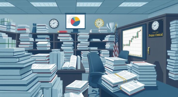 Diagram showing a busy government office with documents and charts, representing political activity and reforms.