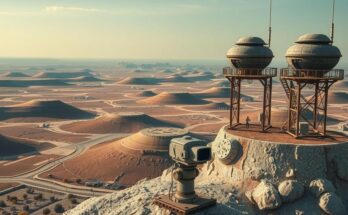 A watchful eye on security measures linked to geopolitical tensions, featuring a landscape scene with surveillance elements.
