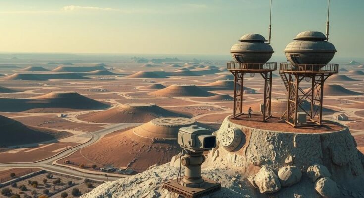 A watchful eye on security measures linked to geopolitical tensions, featuring a landscape scene with surveillance elements.