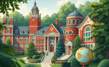 Universitate Harvard cu campus verde și simboluri ale învățământului superior în fundal, reprezentând educația internațională.