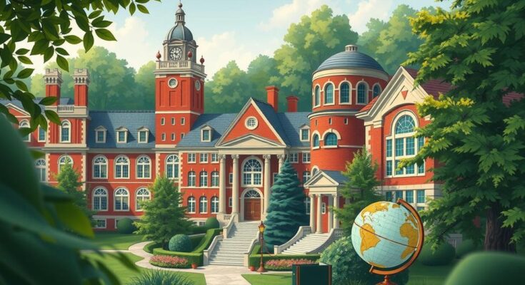 Universitate Harvard cu campus verde și simboluri ale învățământului superior în fundal, reprezentând educația internațională.