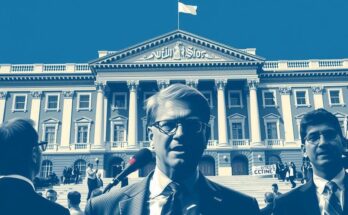 Un homme politique s'exprime devant un bâtiment gouvernemental, entouré de drapeaux et de journalistes.