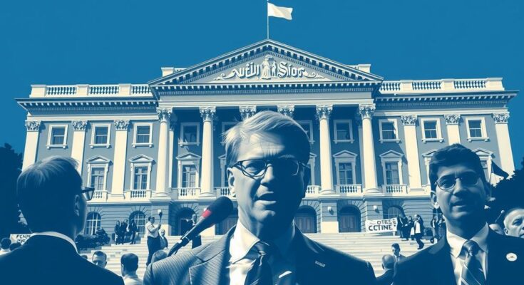 Un homme politique s'exprime devant un bâtiment gouvernemental, entouré de drapeaux et de journalistes.