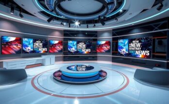 A news studio featuring a desk with a microphone, screens displaying news headlines, and modern decor in neutral tones.