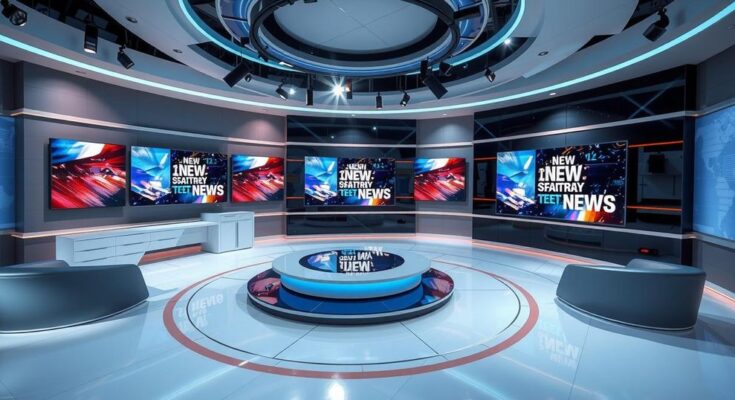 A news studio featuring a desk with a microphone, screens displaying news headlines, and modern decor in neutral tones.
