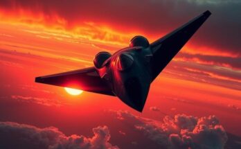 B-2 bomber in flight over a dramatic sunset, symbolizing military power and aerial strength with vibrant hues.