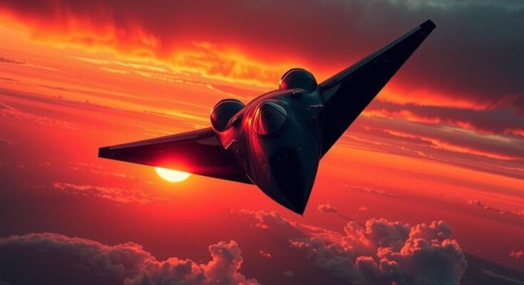 B-2 bomber in flight over a dramatic sunset, symbolizing military power and aerial strength with vibrant hues.