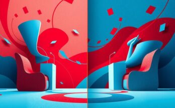 Illustration of a political debate symbolizing rivalry, featuring abstract elements of conflict and resolution.