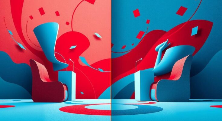 Illustration of a political debate symbolizing rivalry, featuring abstract elements of conflict and resolution.