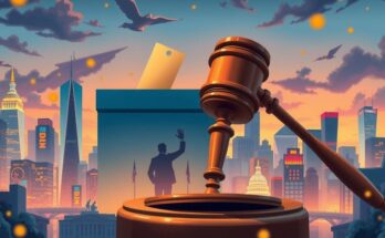 Political themes highlighted by symbols like a gavel, ballot box, and party logos in a dynamic cityscape.