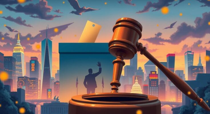 Political themes highlighted by symbols like a gavel, ballot box, and party logos in a dynamic cityscape.
