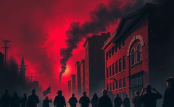 Représentation dramatique d'une scène politique américaine marquée par des tensions et la violence.