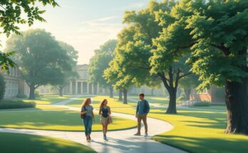Tineri explorand relatiile si diferentele politice intr-un peisaj de campus universitar.