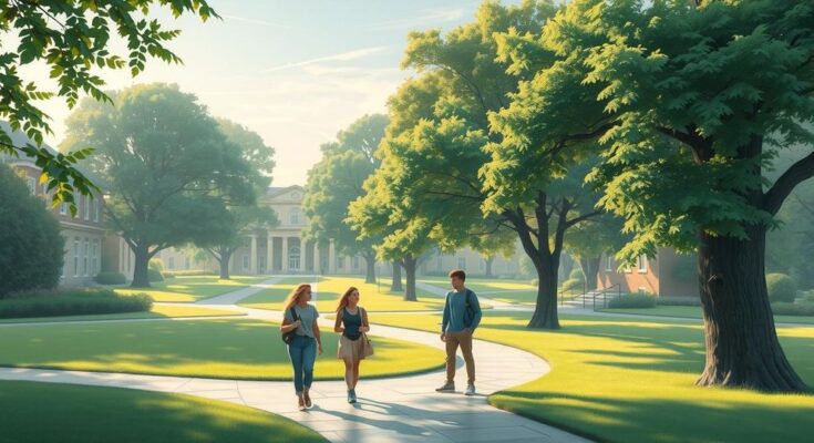 Tineri explorand relatiile si diferentele politice intr-un peisaj de campus universitar.