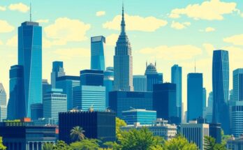 Un paysage urbain coloré, avec des bâtiments modernes et un ciel clair, symbolisant la politique dynamique de New York.