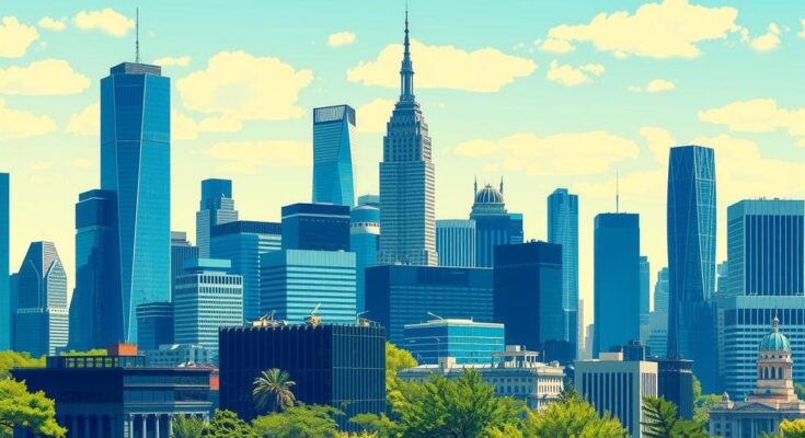 Un paysage urbain coloré, avec des bâtiments modernes et un ciel clair, symbolisant la politique dynamique de New York.