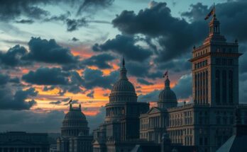 Un paysage urbain symbolisant une semaine politique chargée avec des bâtiments administratifs et un ciel orageux.