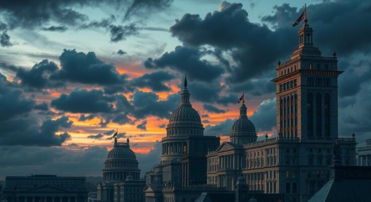 Un paysage urbain symbolisant une semaine politique chargée avec des bâtiments administratifs et un ciel orageux.
