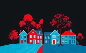 Тъмен фон с ярки цветови акценти, къщи и дървета, символизиращи разделението в Америка.