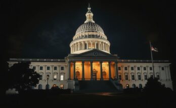 Senate building illuminated at night with flags; political debate atmosphere; shadows of decision making.