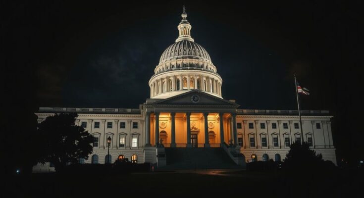 Senate building illuminated at night with flags; political debate atmosphere; shadows of decision making.