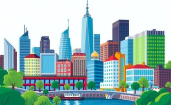 A vibrant cityscape of New York City, symbolising youthful political energy, with green tones representing progress and hope.