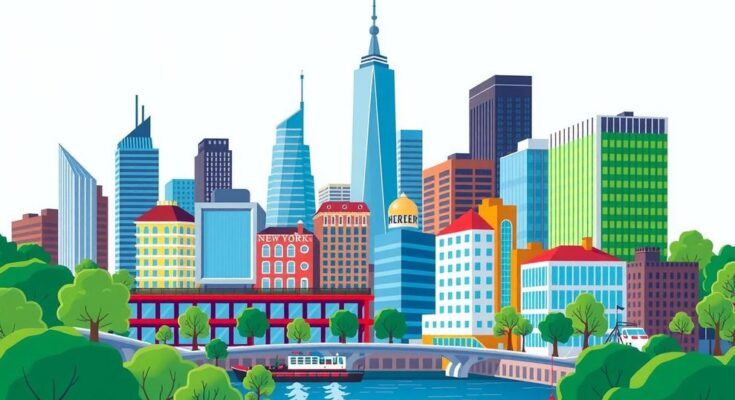 A vibrant cityscape of New York City, symbolising youthful political energy, with green tones representing progress and hope.