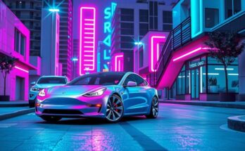 Un peisaj urban cu o Tesla parcata, imprejurimi moderne, lumini neon, atmosfera vibranta, stil futurist, culori vibrant.