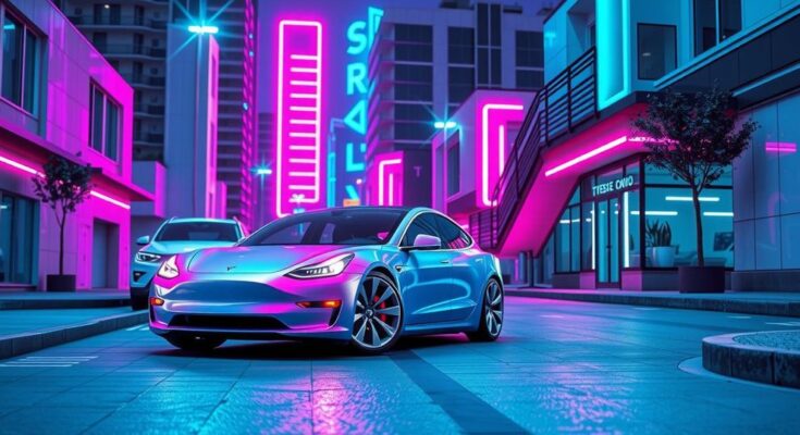 Un peisaj urban cu o Tesla parcata, imprejurimi moderne, lumini neon, atmosfera vibranta, stil futurist, culori vibrant.