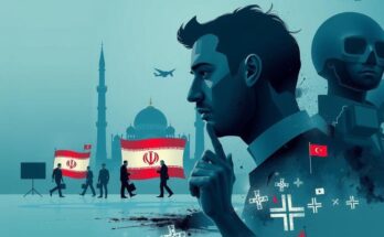 Représentation artistique de tensions géopolitiques autour de l'Iran et du rôle des médias en politique.