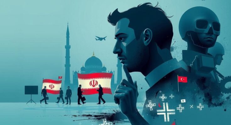 Représentation artistique de tensions géopolitiques autour de l'Iran et du rôle des médias en politique.