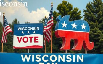 O scenă politică din Wisconsin cu simboluri democratice și republicane, evidențiind competiția electorală.