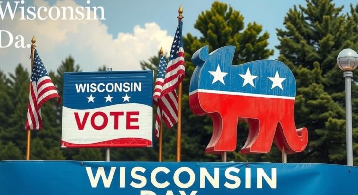 O scenă politică din Wisconsin cu simboluri democratice și republicane, evidențiind competiția electorală.