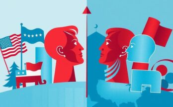 Un versante politico diviso con simboli partigiani e grafica astratta in toni di blu e rosso.