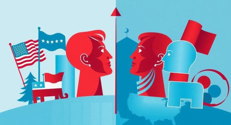 Un versante politico diviso con simboli partigiani e grafica astratta in toni di blu e rosso.