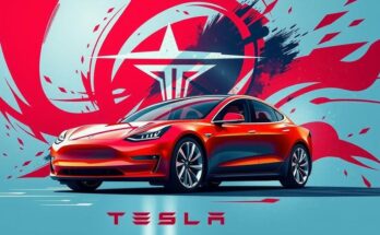 Gambaran mobil listrik Tesla dengan latar belakang simbol politik, menciptakan dilema bagi merek.