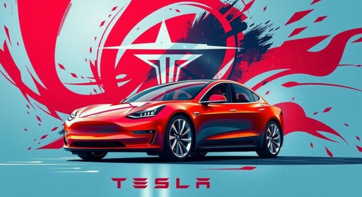 Gambaran mobil listrik Tesla dengan latar belakang simbol politik, menciptakan dilema bagi merek.