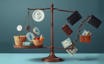 A conceptual illustration depicting contrasting symbols of economic support and cuts, focusing on safety net imagery.