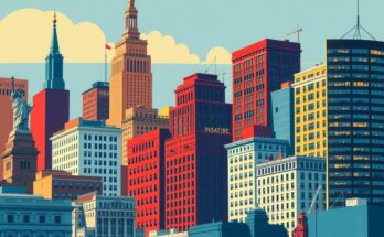 Un décor politique avec des bâtiments emblématiques de New York, illuminé par des couleurs vives et dynamiques.