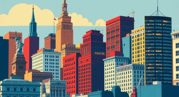 Un décor politique avec des bâtiments emblématiques de New York, illuminé par des couleurs vives et dynamiques.