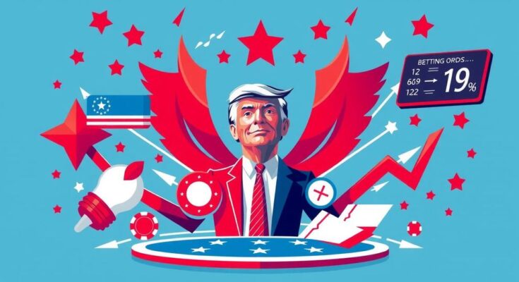 Graphique représentant les cotes de paris sur la présidentielle de 2028 avec des symboles de stratégie politique.