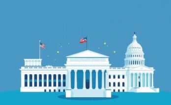 Un'illustrazione in stile minimalista degli edifici del governo, con colori blu e grigi, simboleggiando un dibattito politico.