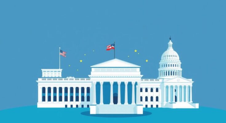 Un'illustrazione in stile minimalista degli edifici del governo, con colori blu e grigi, simboleggiando un dibattito politico.