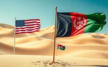 Scambio di prigionieri in Afghanistan con paesaggio desertico e bandiere americane e afghane.