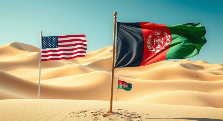 Scambio di prigionieri in Afghanistan con paesaggio desertico e bandiere americane e afghane.